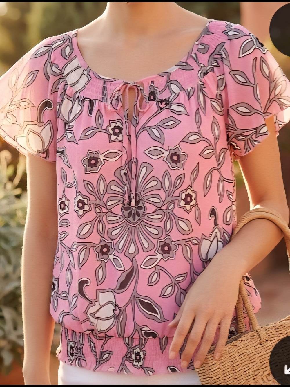 INC International Concepts Pink Floral Tie-Front Flutter Sleeve Blouse